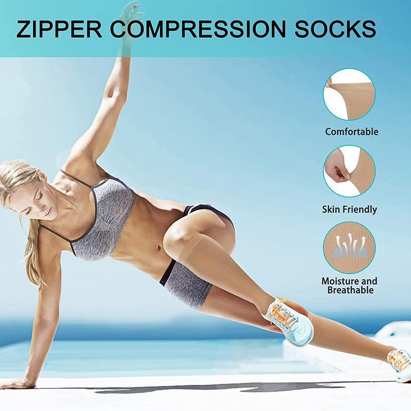 Beige Zip Sox compression socks by Hlpmedical with zipper for leg support, open toe design, size L/XL, suitable for foot and knee comfort.
