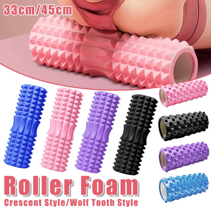 Pink high-density EVA foam roller massage stick by Hlpmedical, 45cm, used for yoga, fitness, and muscle relief.
