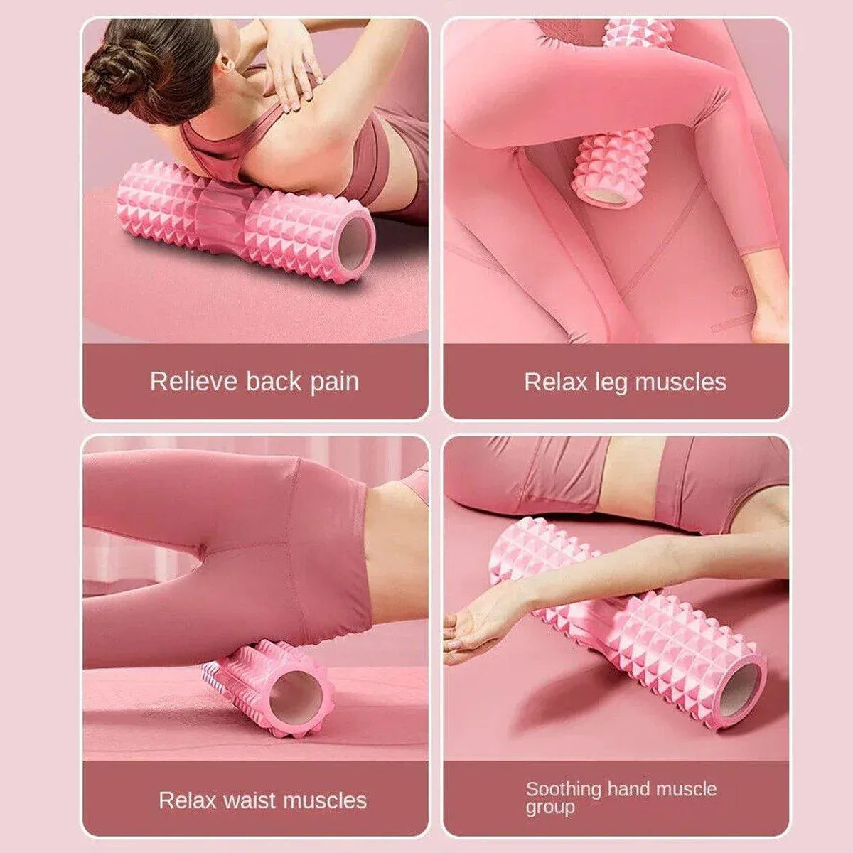 Pink high-density EVA foam roller massage stick for yoga and fitness, 45cm, by Hlpmedical, ideal for muscle relief and stretching.