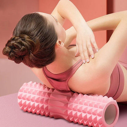 Pink 45cm EVA foam massage stick for yoga and fitness by Hlpmedical, ideal for muscle relief and muscle recovery exercises.