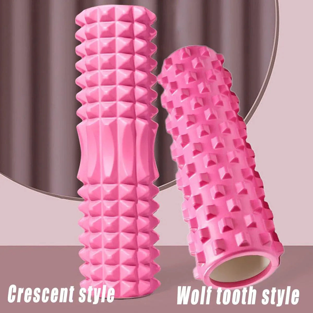 Blue crescent-shaped EVA foam massage stick for yoga and fitness, 33cm long, by Hlpmedical, used for muscle relief and stretching.