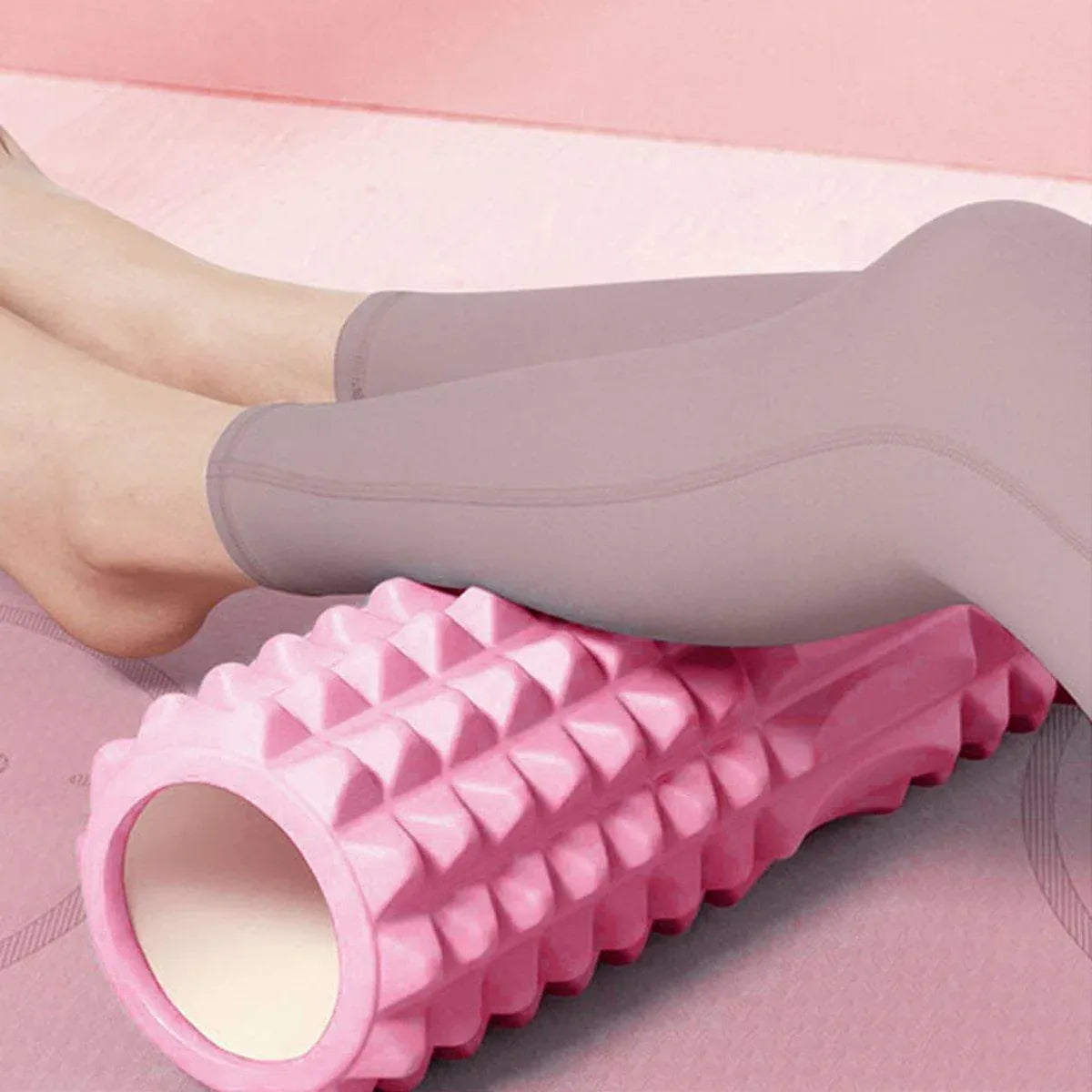 Blue high-density EVA foam yoga massage stick by Hlpmedical, 33cm crescent shape for fitness, exercise, and muscle relief.