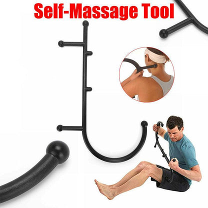 Black S-shaped self-massage tool with trigger point handles for back and body relaxation by Hlpmedical.