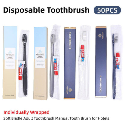 Set of 50 Hlpmedical hotel toothbrushes and toothpaste for guesthouse and travel oral care, displayed in a neat arrangement.