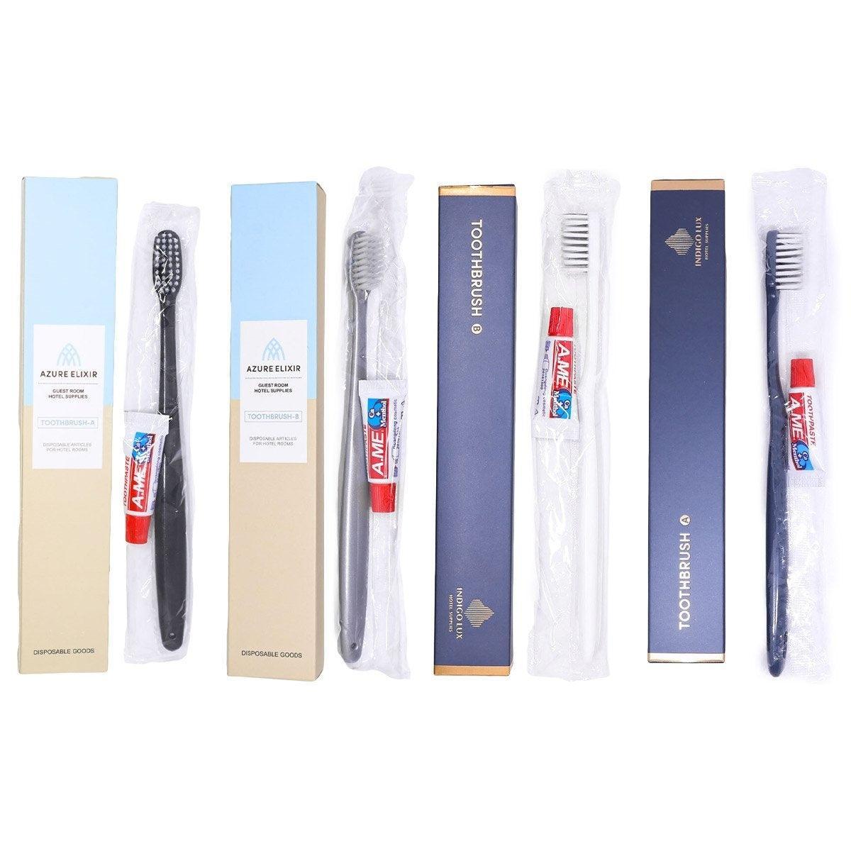Set of 50 Hlpmedical Star Hotel toothbrushes and toothpaste for guesthouse or travel oral care, featuring compact, disposable design.