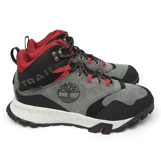 Timberland men's Garrison Trail waterproof mid hiking boots in dark grey, high-top, US 8, featuring rugged outdoor design