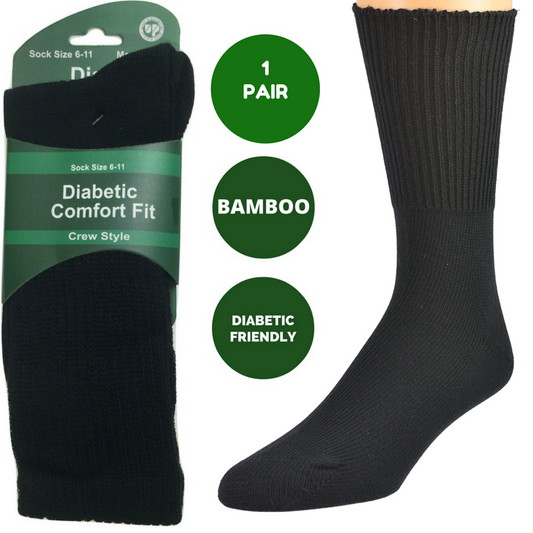 Pair of black diabetic bamboo work socks by Hlpmedical with loose top crew design, cushion comfort, size 6-11 for men.