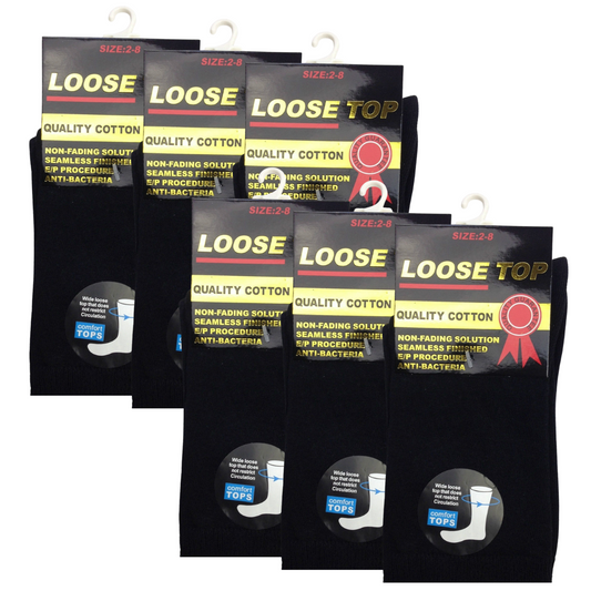 Six pairs of black cotton-rich loose top socks for men, designed for comfort, medical circulation, and diabetic-friendly wear.