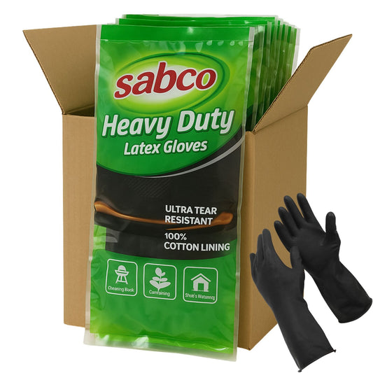 96 pairs of Hlpmedical Sabco heavy-duty latex gloves with cotton lining, large size, bulk pack for industrial work safety.