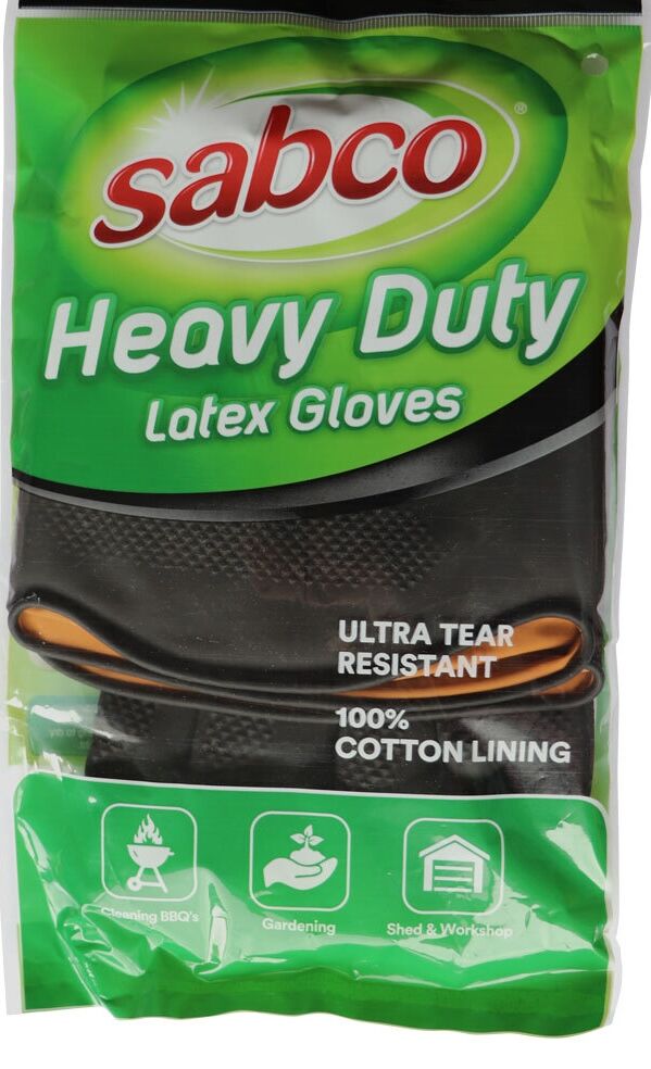 96 pairs of Hlpmedical Sabco heavy duty latex gloves with cotton lining in large size, bulk carton for industrial work safety.
