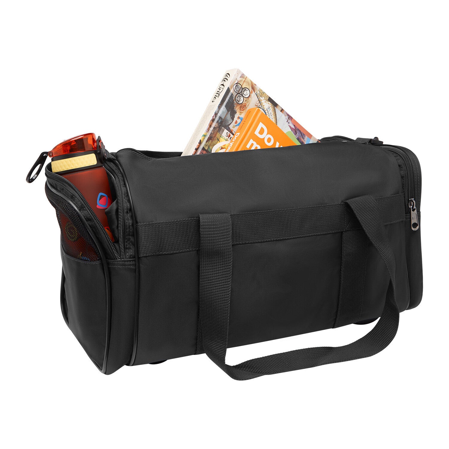 Black 28L foldable duffel bag by Hlpmedical, waterproof polyester travel and gym sports luggage with adjustable straps.