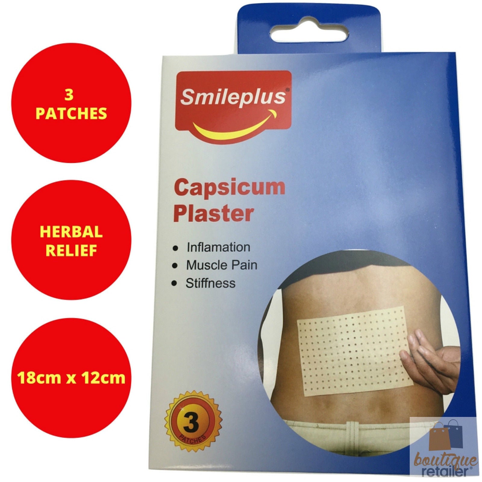 Three capsicum plaster patches for herbal muscle pain relief and inflammation, shown on a white background.