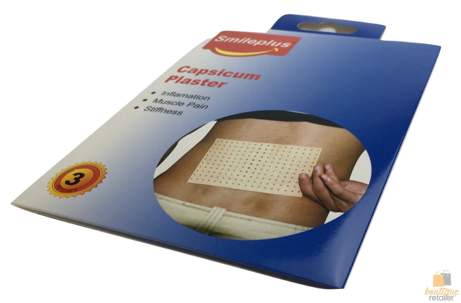 Three capsicum plaster patches by Hlpmedical for herbal muscle pain relief and inflammation relief, shown on a white background.