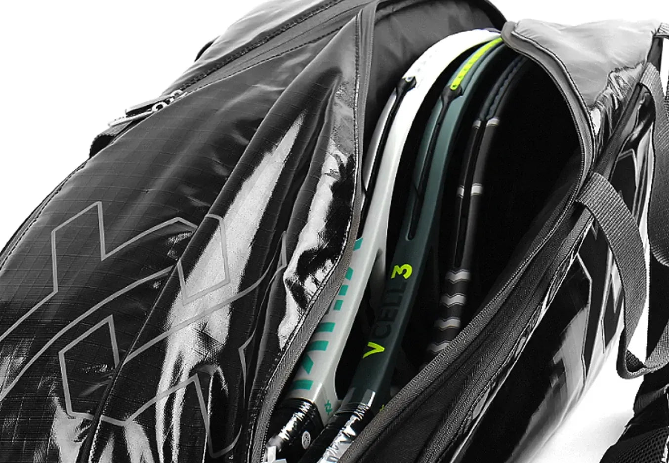 Volkl Primo Combi Tennis Bag in black and charcoal holding 6-9 racquets, designed for tennis players.
