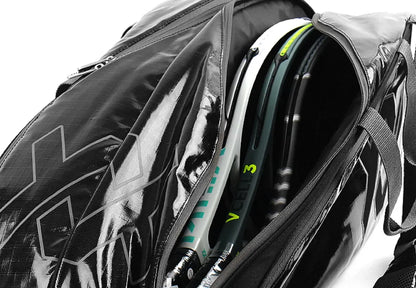 Volkl Primo Combi Tennis Bag in black and charcoal holding 6-9 racquets, designed for tennis players.