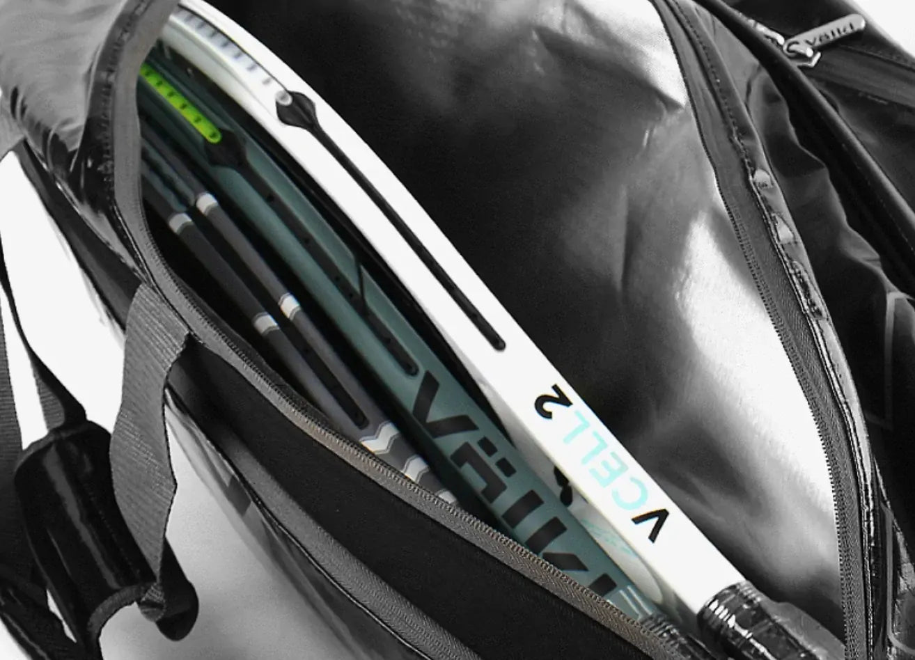 Volkl Primo Combi Tennis Bag in black and charcoal holding 6-9 racquets, sports & fitness racquet sports tennis bag