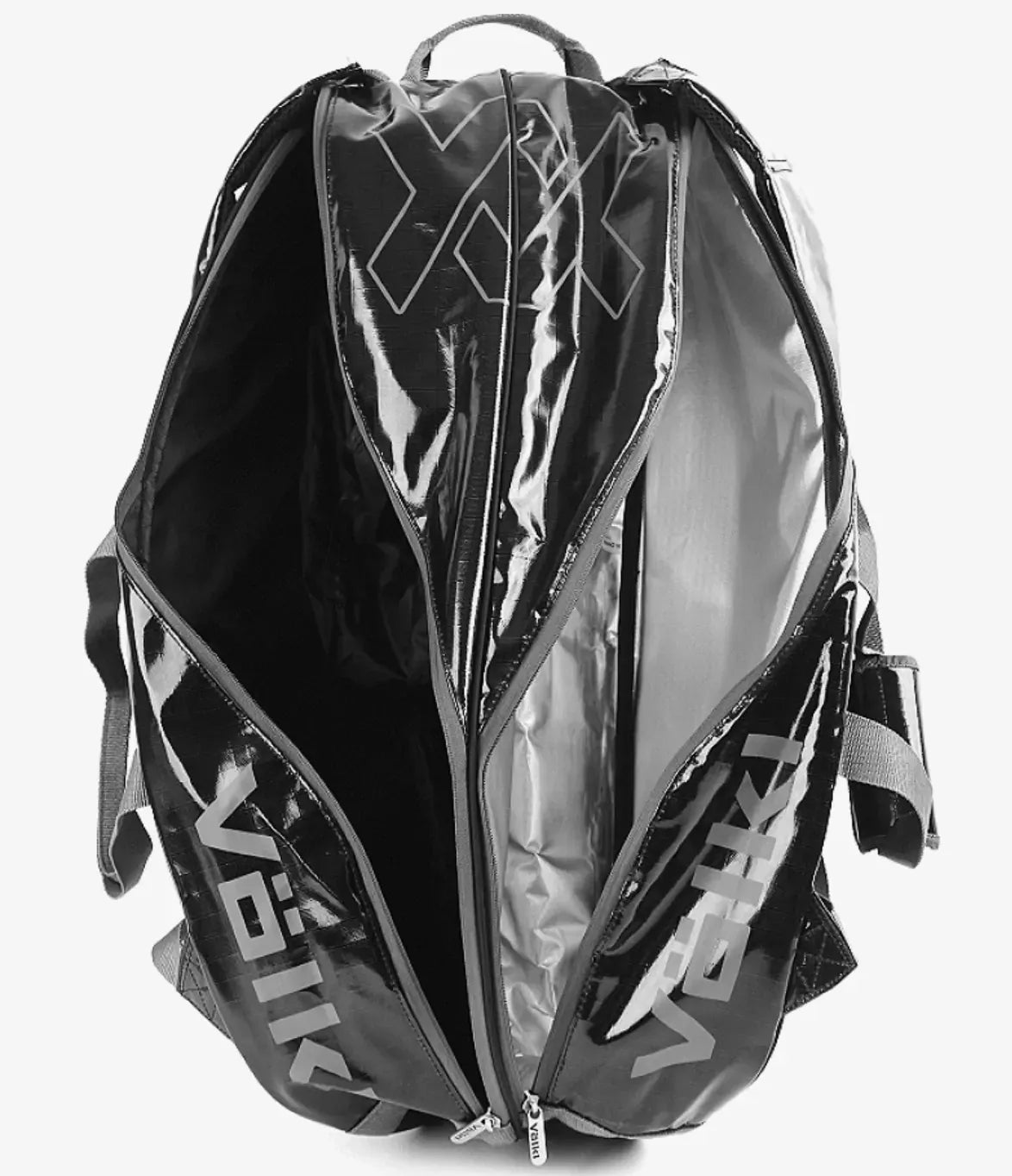 Volkl Primo Combi Tennis Bag in black and charcoal with space for 6-9 racquets, designed for tennis players.