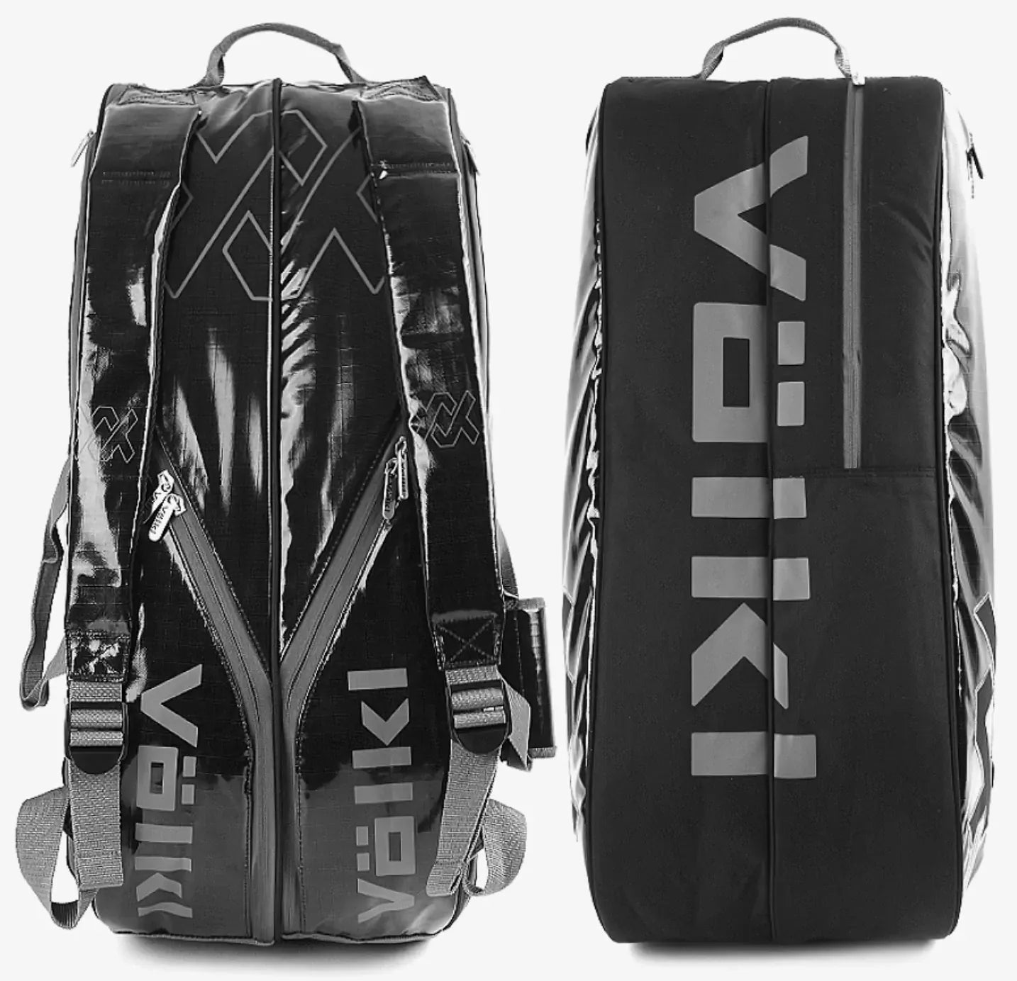 Volkl Primo Combi Tennis Bag in black and charcoal with space for 6-9 racquets, ideal for tennis players.