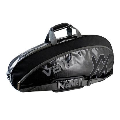 Hlpmedical V72004 Primo Pro Tennis Bag in black and charcoal with multiple compartments for tennis gear and racquets.