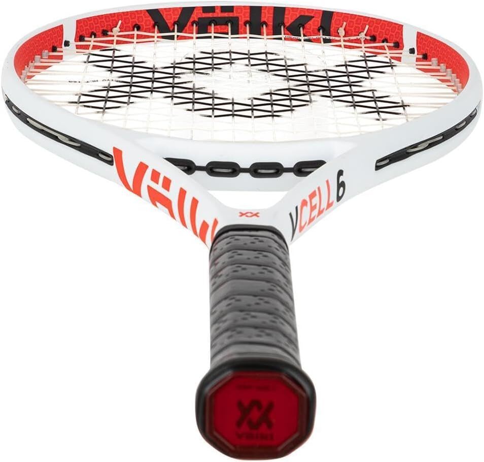 Volkl V-Cell 6 tennis racquet, fully strung with free dampener, 4 1/4 grip size, used for tennis and racquet sports.