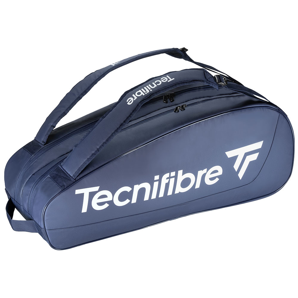 Navy blue Tecnifibre Tour Endurance 9 racquet tennis bag with multiple compartments for squash and padel rackets.