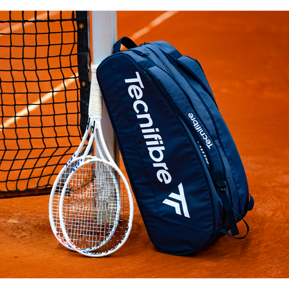 Navy blue Tecnifibre Tour Endurance 9 tennis and squash racquet bag with multiple compartments for sports gear.