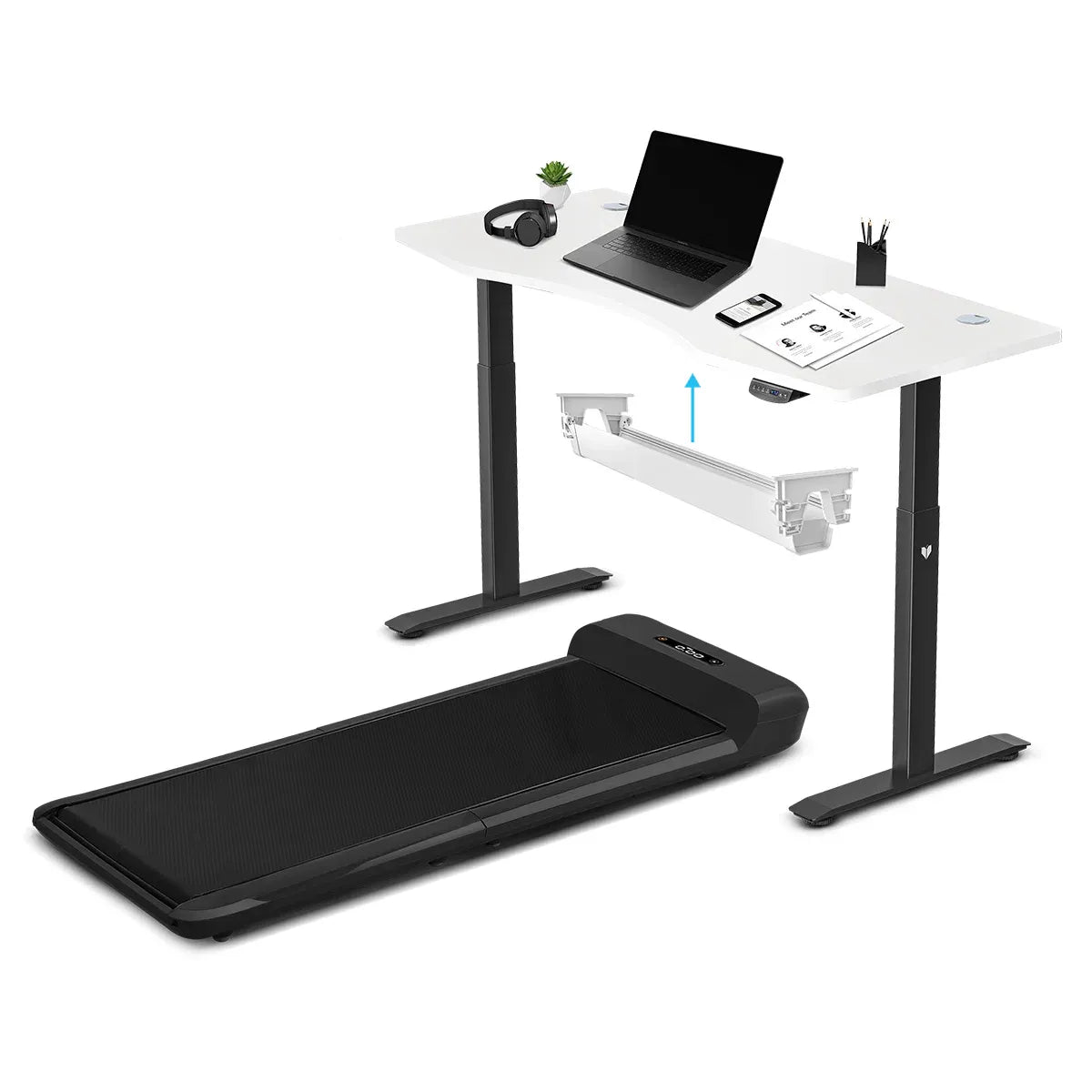 Hlpmedical WalkingPad C2 treadmill with black finish paired with white ErgoDesk standing desk and cable management tray