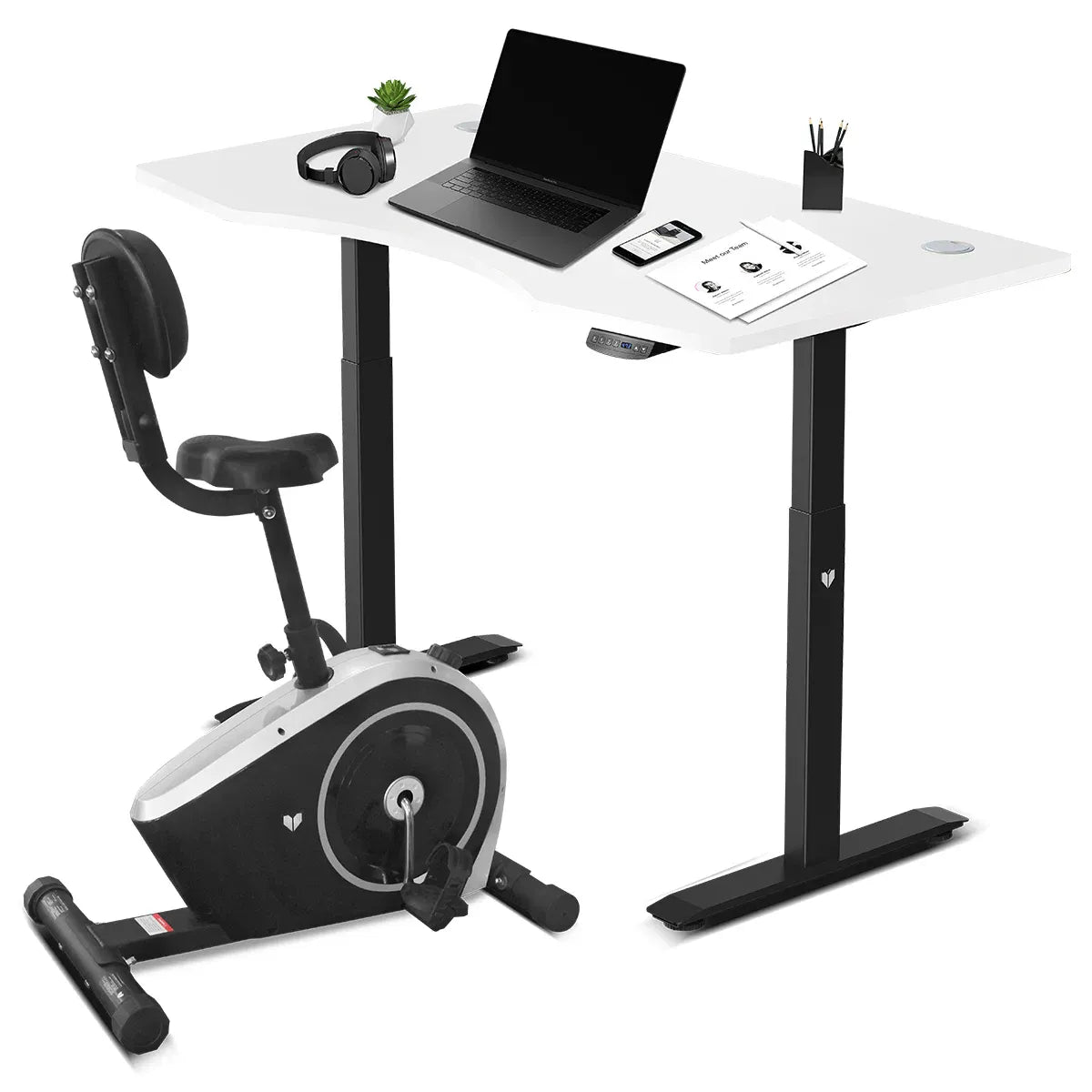 Lifespan Fitness Cyclestation 3 exercise bike with ErgoDesk in white and black, featuring a 150cm standing desk and digital display.