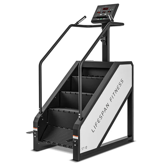 Lifespan Fitness ST-10 Stair Climber machine with three adjustable levels for cardio and lower body workout at the gym.