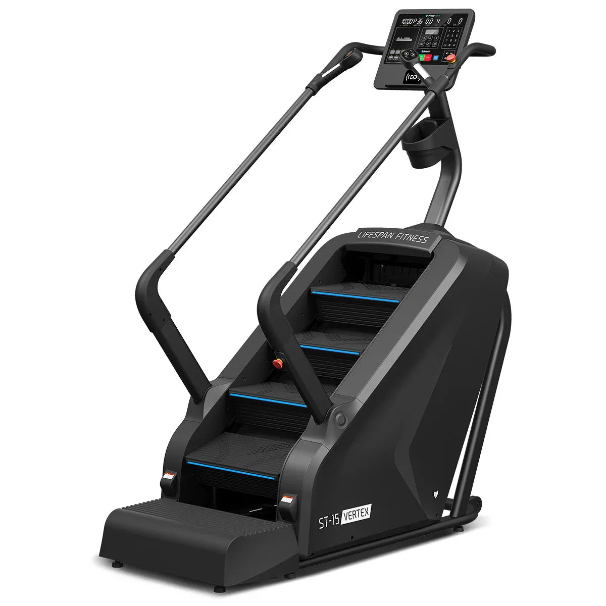 Lifespan Fitness ST-15 Vertex commercial stair climber with four levels, black and gray design for gym and fitness training.