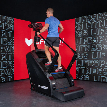 Lifespan Fitness ST-15 Vertex stair climber with four levels for commercial gym training, featuring sturdy handrails and digital display.