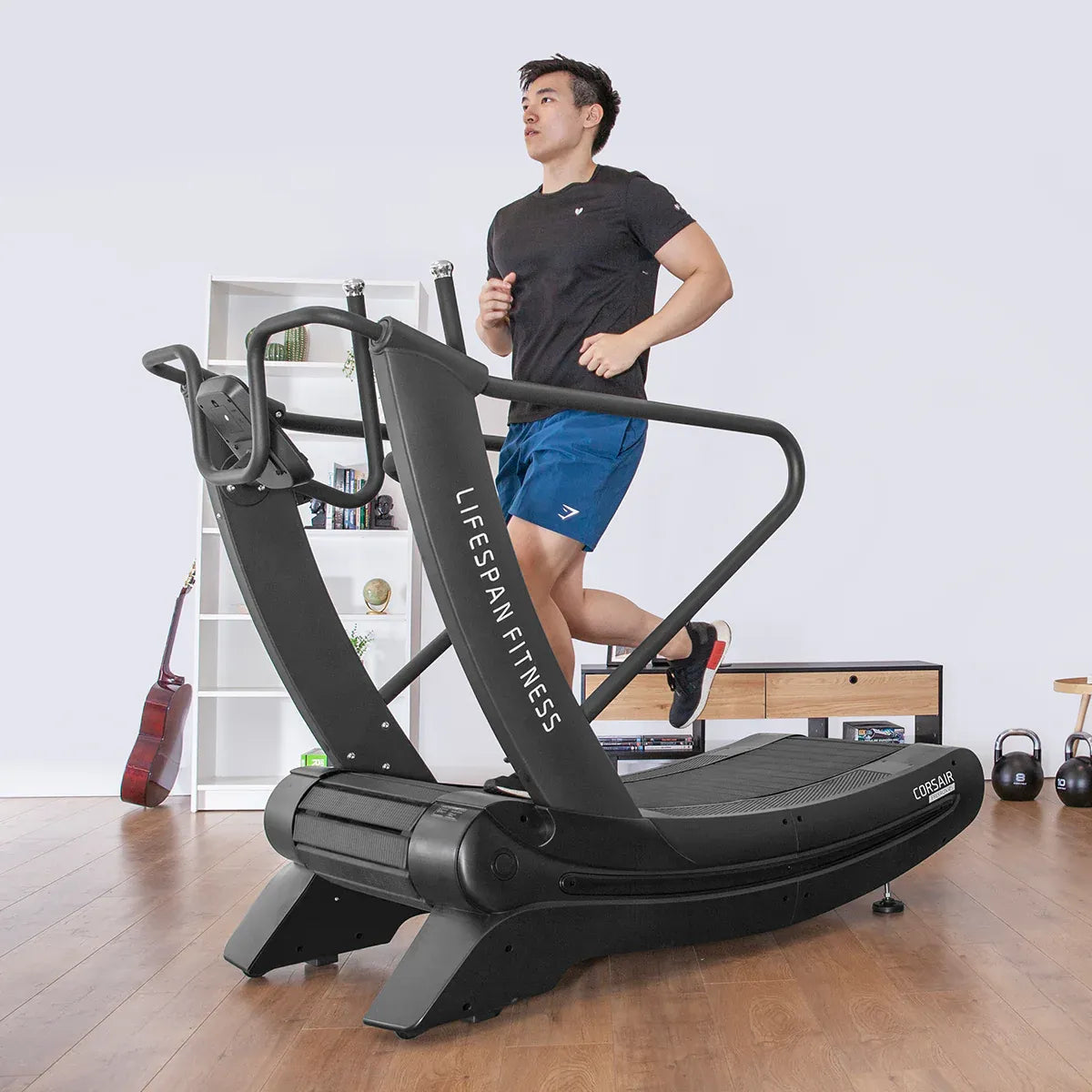 Lifespan Fitness Corsair FreeRun 105 treadmill with digital display, running belt, and control panel for home exercise workouts.