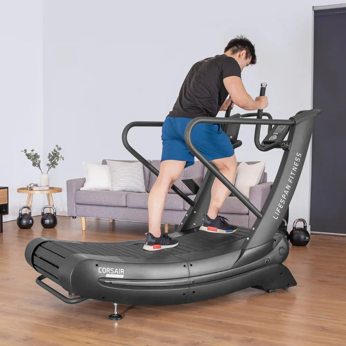 Hlpmedical Lifespan Fitness Corsair FreeRun 105 treadmill with digital display and running belt in a gym setting