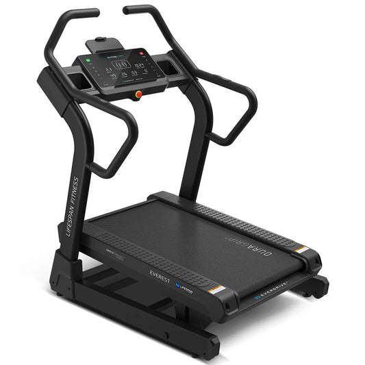 Hlpmedical Lifespan Fitness Everest 3 Ultra High Incline Treadmill in a gym setting with digital console and running belt.