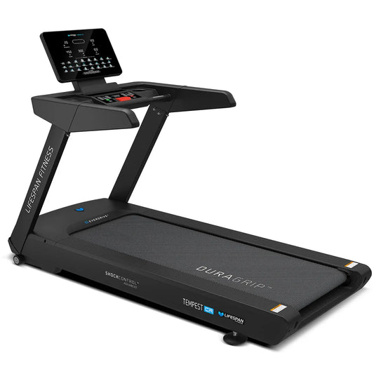 Lifespan Fitness Tempest CR commercial treadmill by Hlpmedical showing running belt, control panel, and sturdy frame for gym use.