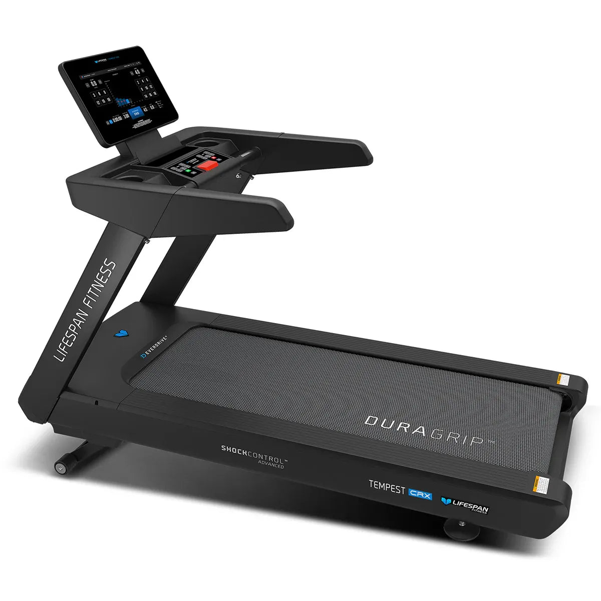 Hlpmedical Lifespan Fitness Tempest CRX commercial smart treadmill with 15.6-inch TFT touch display for indoor running workouts.
