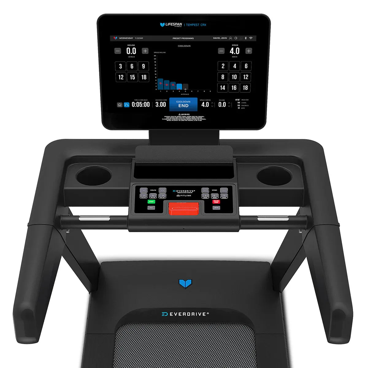 Hlpmedical Lifespan Fitness Tempest CRX commercial smart treadmill with 15.6-inch TFT touch display and running surface.