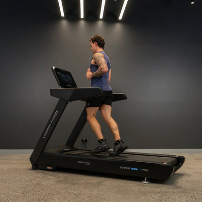 Hlpmedical Lifespan Fitness Tempest CRX commercial smart treadmill with 15.6-inch TFT touch display and running surface