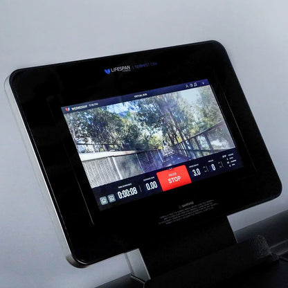 Hlpmedical Lifespan Fitness Tempest CRX commercial smart treadmill with 15.6-inch TFT touch display and modern design.
