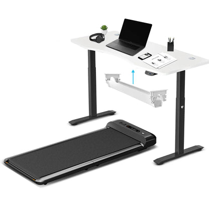 Hlpmedical Lifespan Fitness WalkingPad M2 treadmill with ErgoDesk standing desk and cable management tray for home exercise.
