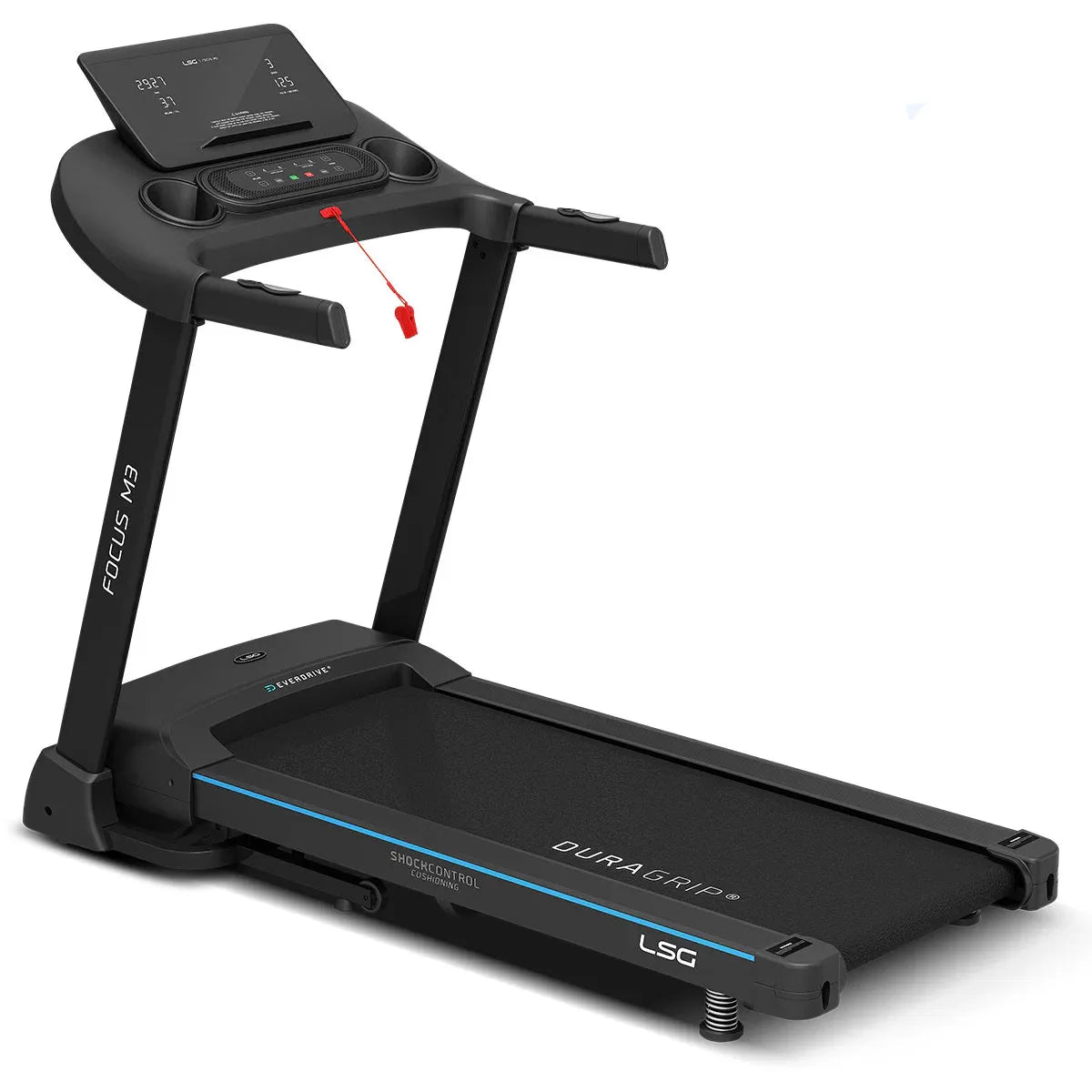 Hlpmedical LSG Fitness FOCUS M3 treadmill for home exercise, with digital display and running belt in a gym setting.