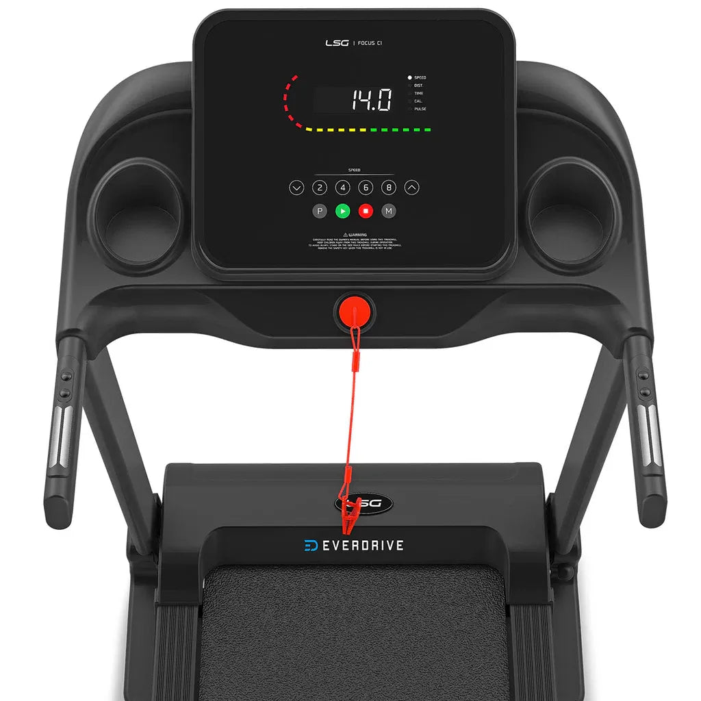 Hlpmedical LSG Focus C1 treadmill for fitness, showing the console and running belt in a gym setting.
