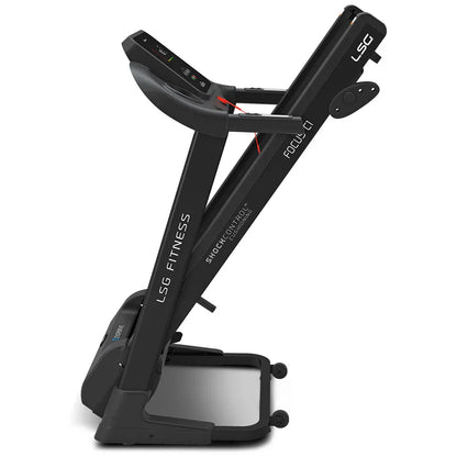 Hlpmedical LSG Focus C1 treadmill for exercise and fitness, showing the running belt and control panel in a gym setting.