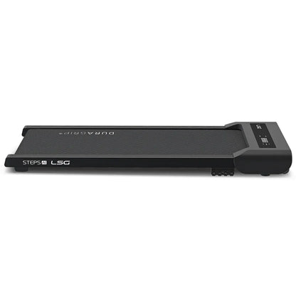 Hlpmedical LSG Steps A1 Walking Pad under desk treadmill for exercise and fitness, shown in a home gym setting.