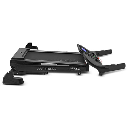 Hlpmedical LSG Stride M3 treadmill for fitness and exercise, featuring a digital display and running belt in a home gym setting.