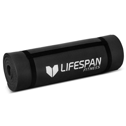 Black CORTEX yoga mat by Hlpmedical, 1.8m long, 0.6m wide, 15mm thick, ideal for yoga and fitness exercises.