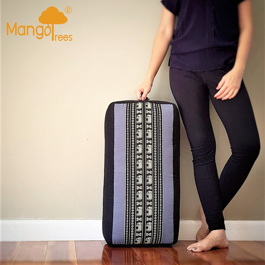 Blue kapok-filled oblong meditation cushion from Hlpmedical, ideal for yoga and wellness practices.