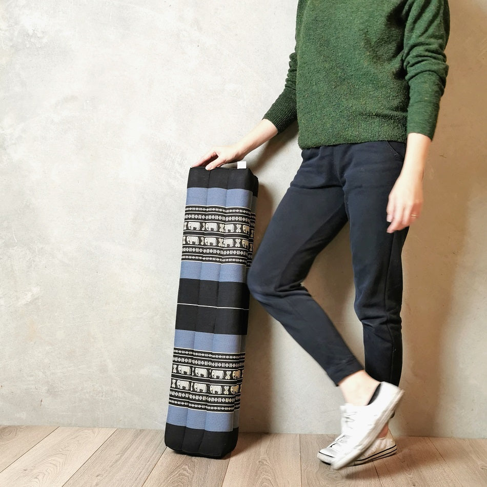 Blue elastic bolster yoga block filled with Kapok, 80cm long, suitable for yoga and relaxation practices.