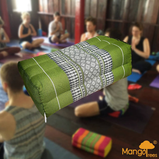 Green yoga block and meditation cushion by Hlpmedical, used for yoga, meditation, and wellness exercises.