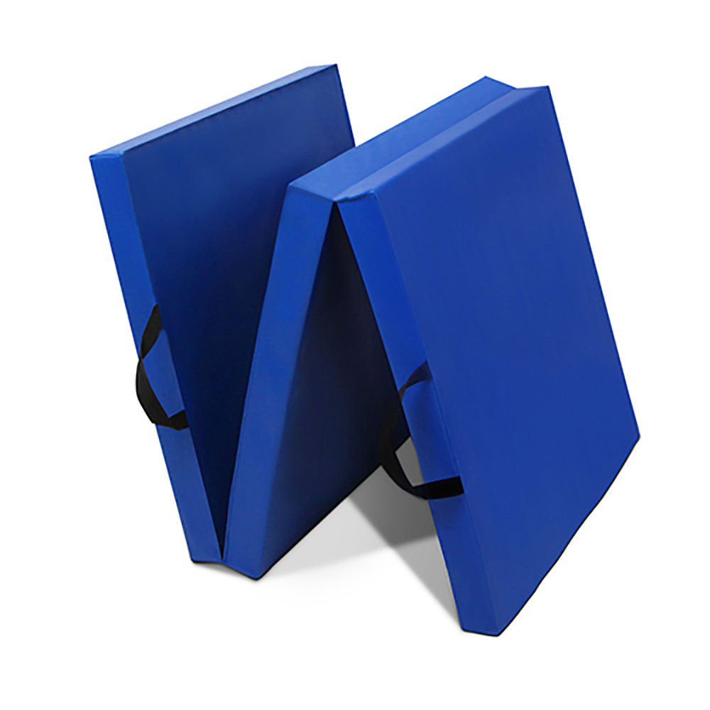 Blue folding exercise floor mat by Hlpmedical, suitable for yoga, gymnastics, Pilates, and home gym workouts.